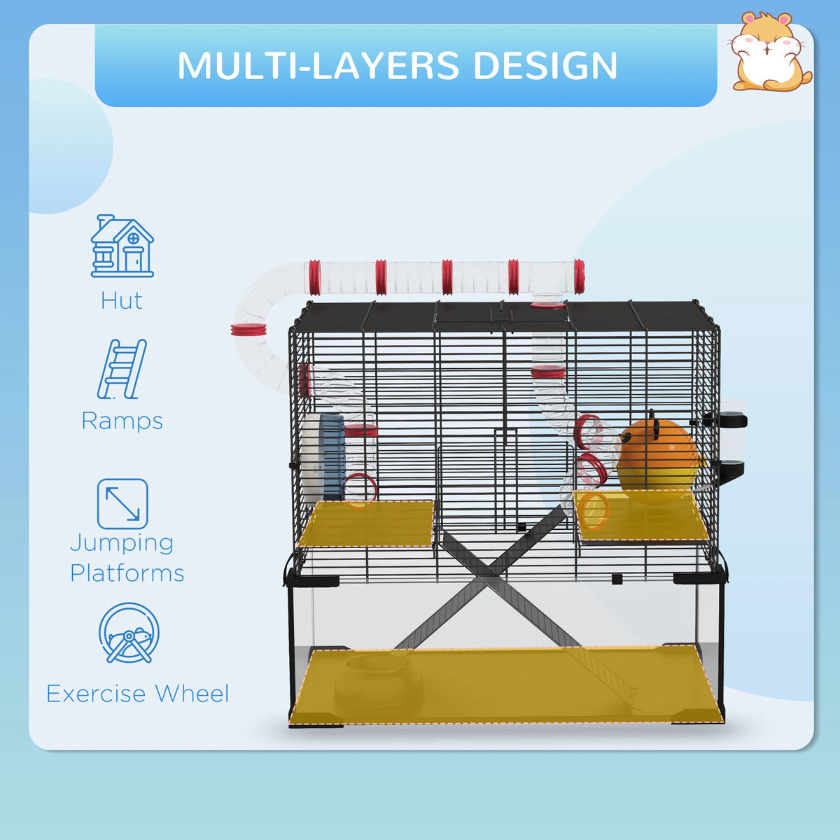 Large Hamster Cage, Gerbil Cage with Deep Glass Bottom, Tunnels, Non-Slip Ramps, Exercise Wheels, Water Bottle, Dish