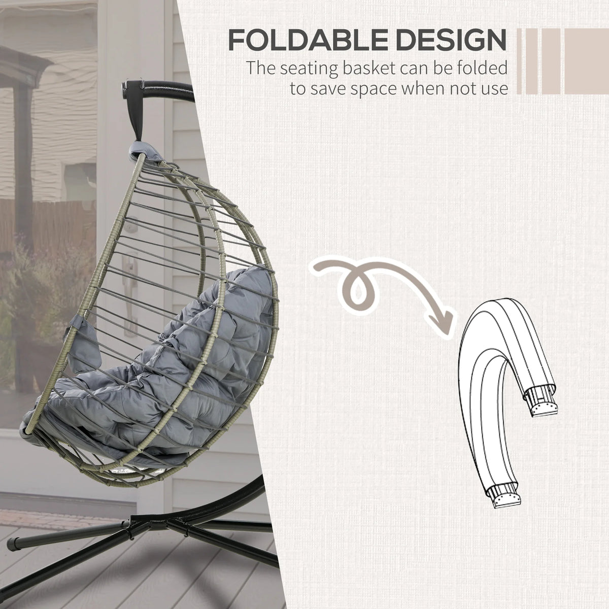 Rattan Hanging Swing Chair with Stand, Cushion and Cup Holder, Grey