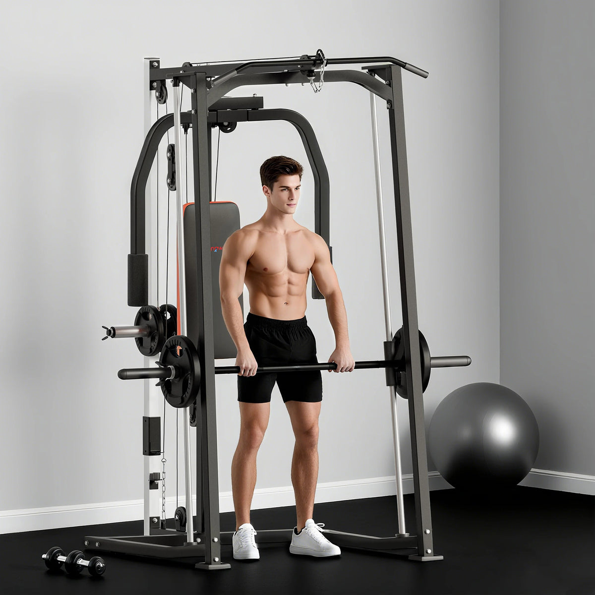 3-in-1 Smith Machine Multifunctional Power Cage with Dual Cable Pulley System, Chest Press Station & 17-Level Squat Rack