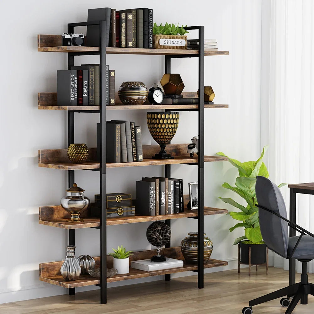 5-Tier Industrial Bookshelf 180cm with Iron Pipe Frame | Retro Wood and Metal Standing Storage Rack