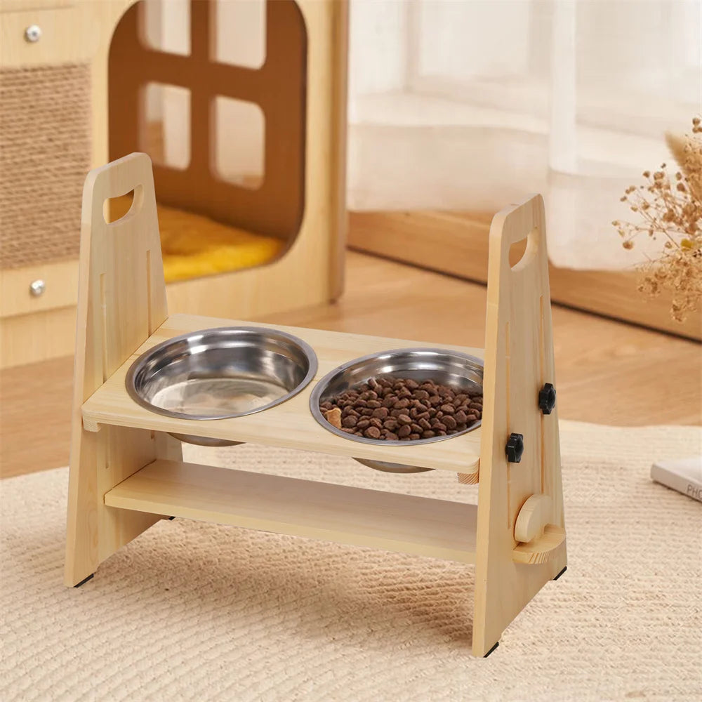 Height Adjustable Elevated Dog Bowl Stand Pine Wood 2 Stainless Steel Bowls 43x24.5x40.5cm