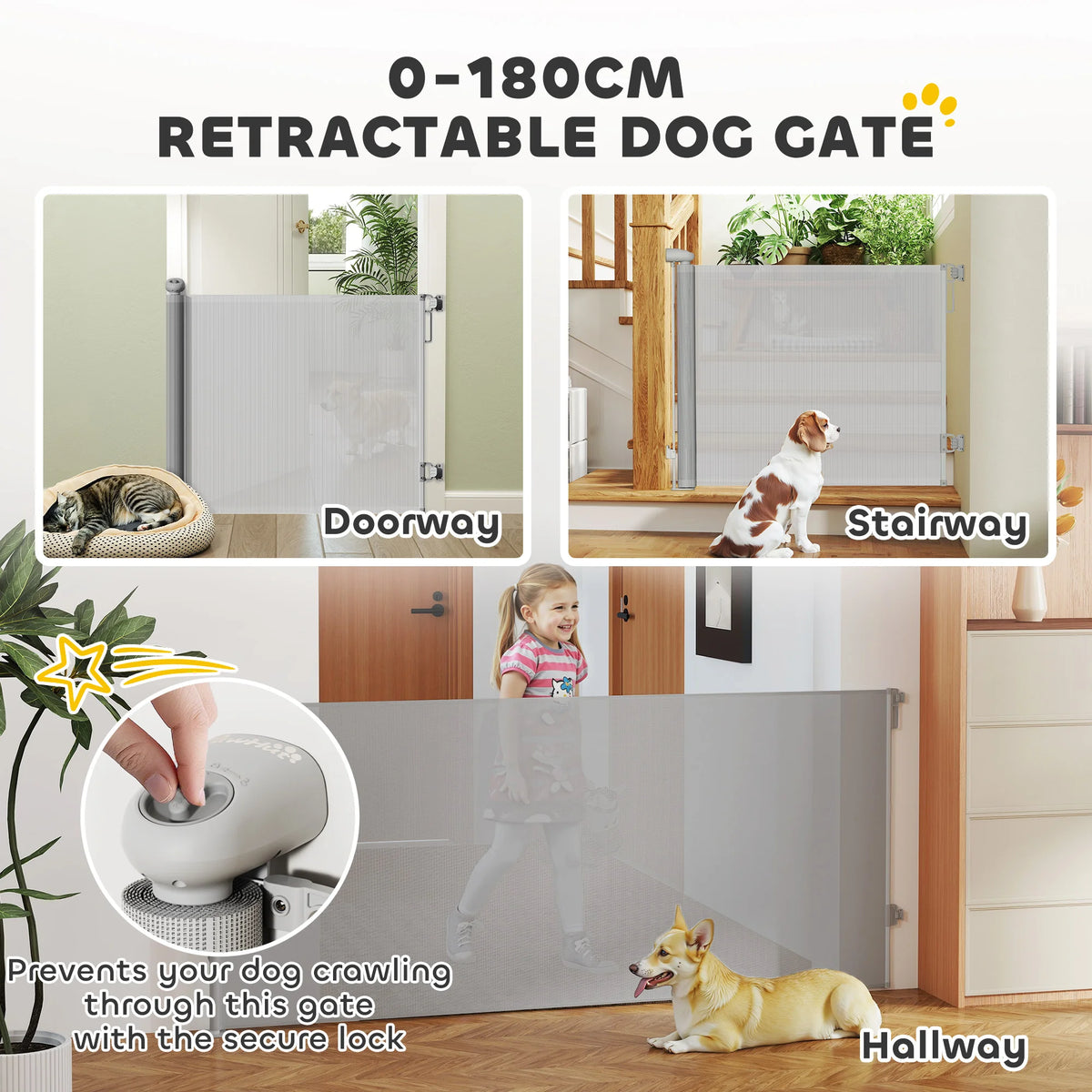 Retractable Stair Gate, Dog Gate Extends Up to 180cm Wide, Grey