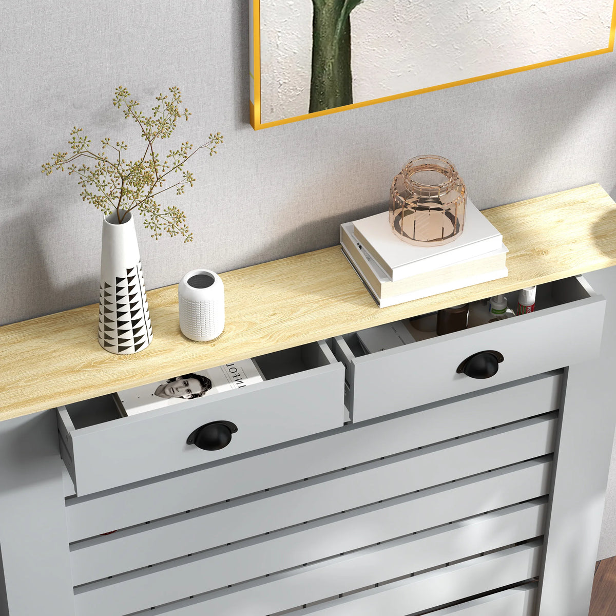 Slatted Radiator Cover with Drawer, 111cm, Grey