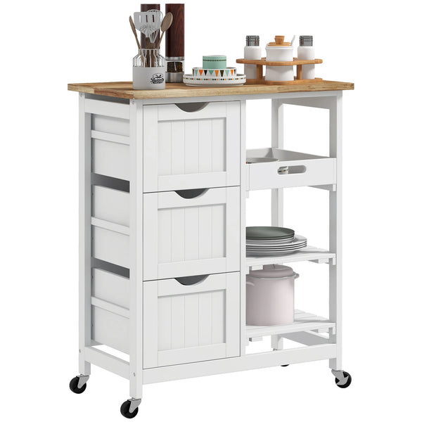 Rolling Kitchen Island Cart with 3 Drawers 2 Slatted Shelves Removable Serving Tray Wooden Top on 4 Wheels