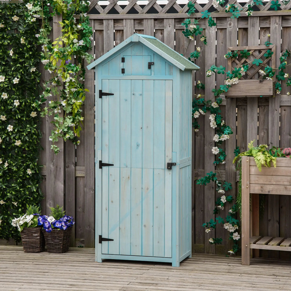 Wooden Garden Tool Shed with 3 Shelves, Blue