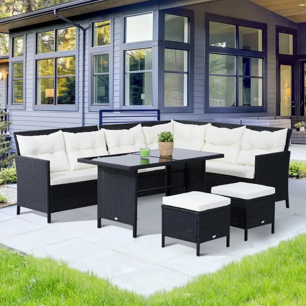 8-Seater Rattan Corner Dining Sofa Set with Wicker Coffee Table