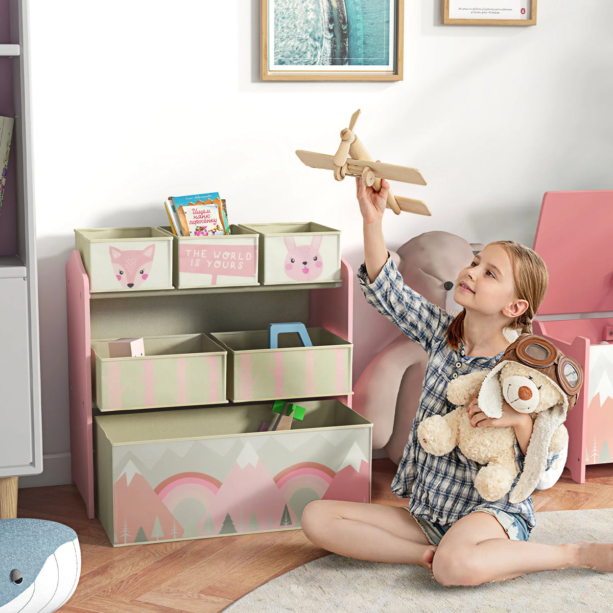 Kids Toy Storage Organiser 63x30x66cm with 6 Fabric Bins MDF Steel Frame for Bedroom and Nursery