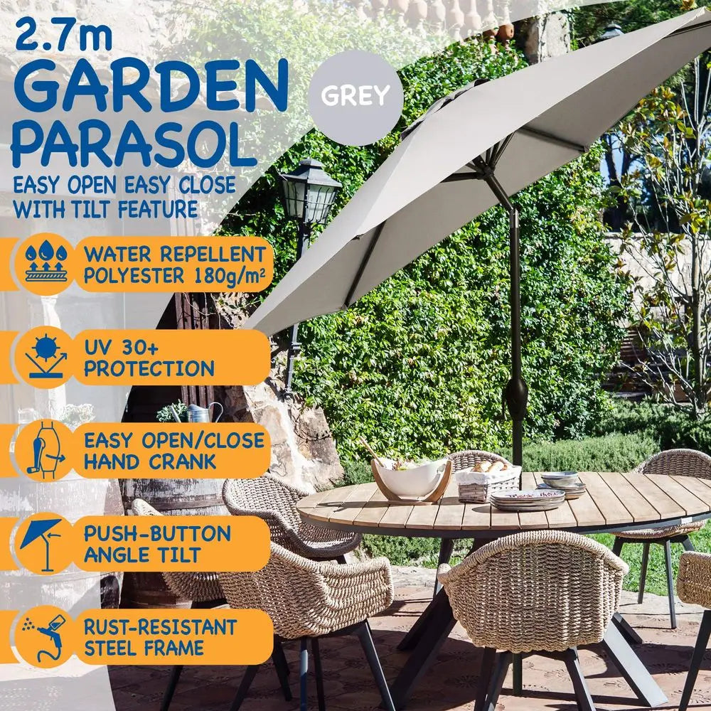 2.7m Garden Parasol with Crank and Tilt, UV30 Water-Repellent Canopy, Ash Grey