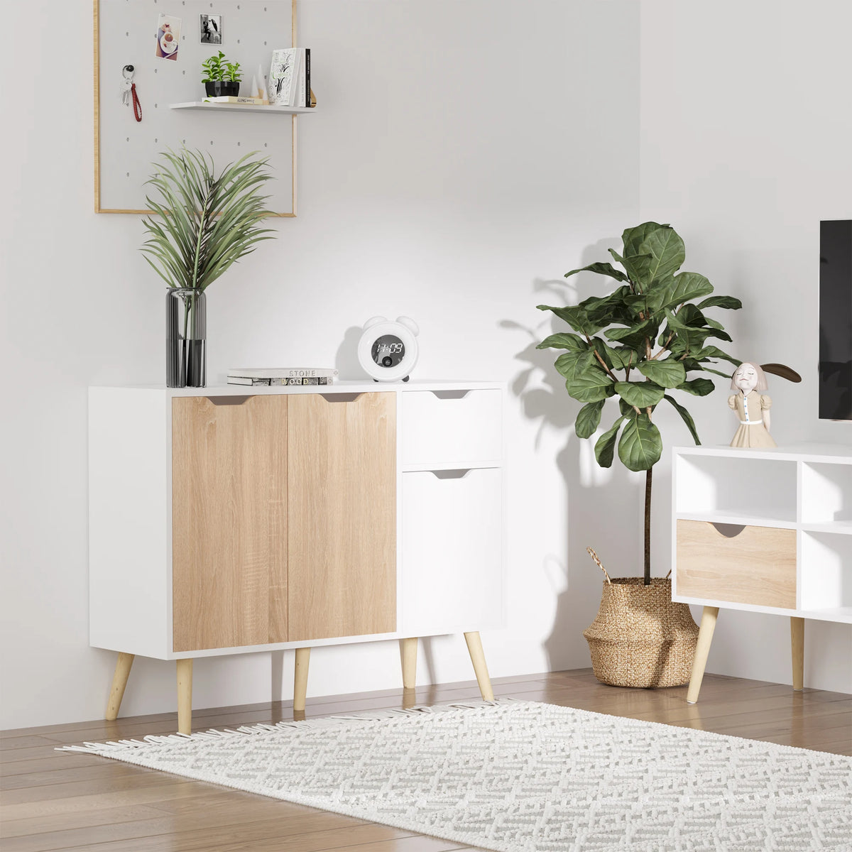 Scandinavian Storage Cabinet with Drawer and 3 Cupboards, White and Natural