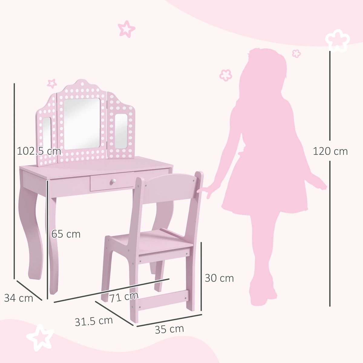 Kids Dressing Table and Stool Set with Tri-Fold Mirror and Drawer, Pink