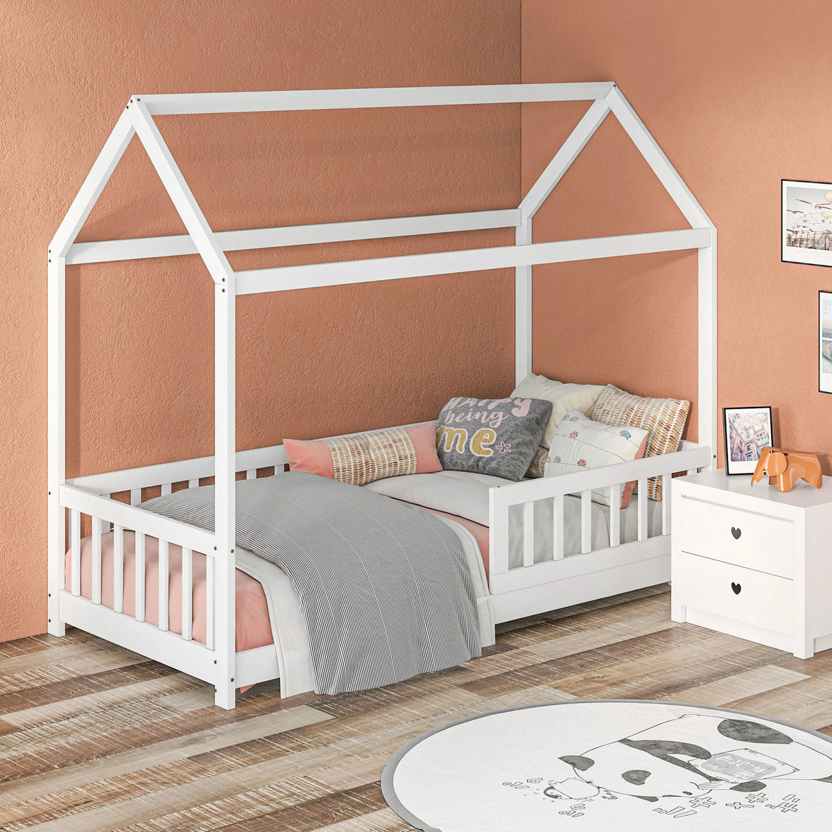 House Shaped Kids Bed Frame with Safety Fence Solid Wood 15 Slats and 2 Keels Burr Free Finish White
