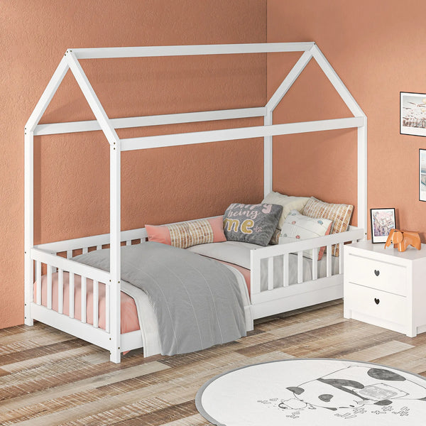 House Shaped Kids Bed Frame with Safety Fence Solid Wood 15 Slats and 2 Keels Burr Free Finish White