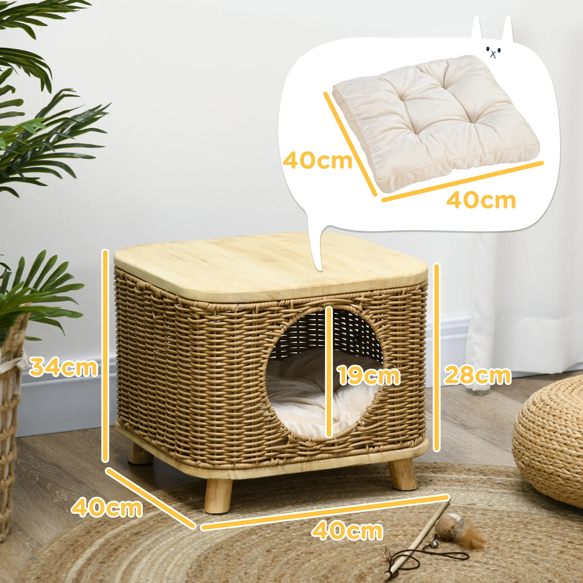Elevated Wicker Cat House 40x40x34cm PE Rattan Cat Cave with Washable Cushion 19cm Door Light Brown