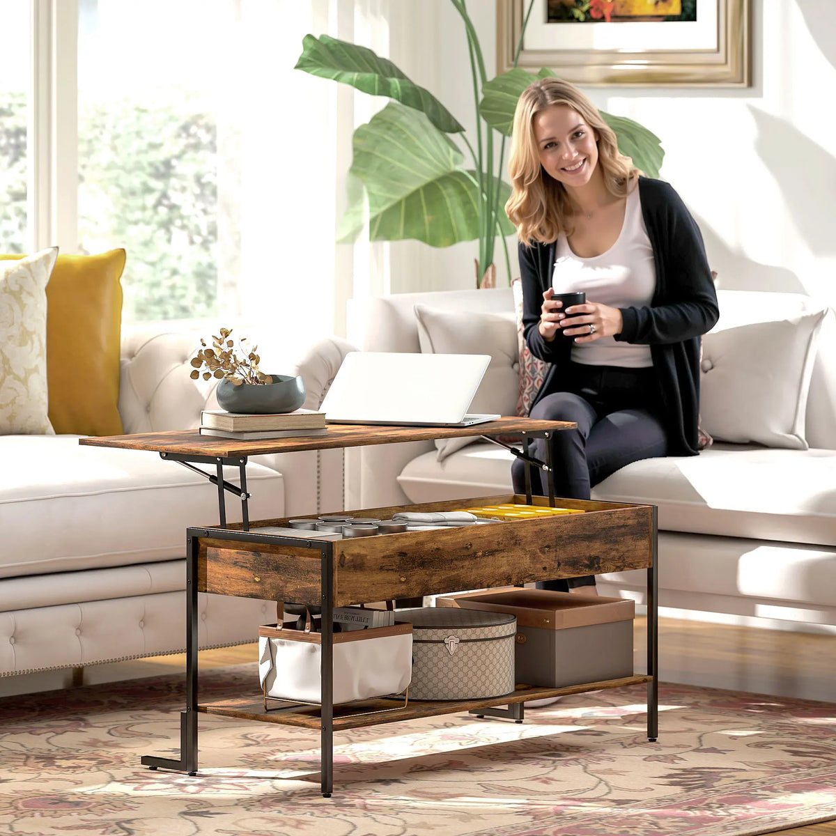 Industrial Lift Top Coffee Table with Storage Shelf, Rustic Brown