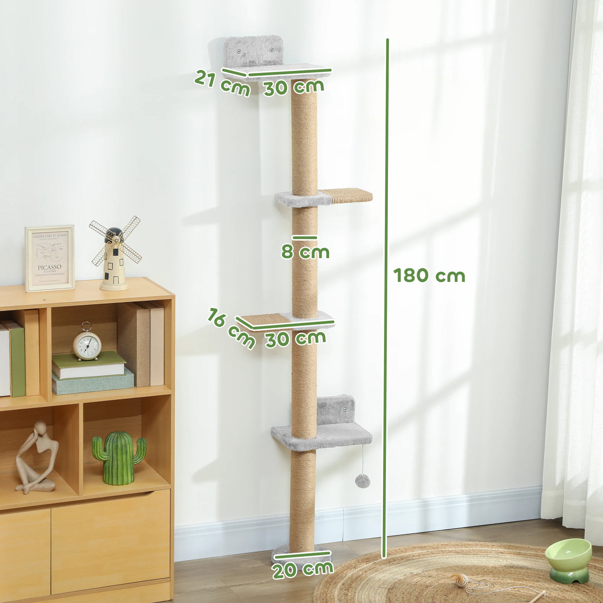 Wall Mounted Cat Shelves 48x21x180cm with 5 Climbing Platforms Sisal Scratching Post and Toy Light Grey