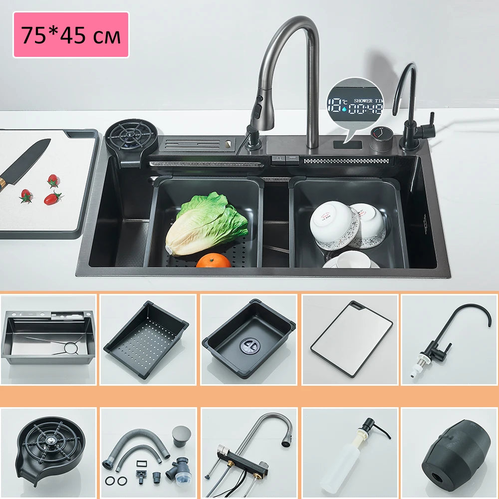 60 x 45cm Stainless Steel Single Bowl Kitchen Sink with Waterfall Faucet and Cup Washer, Above Counter