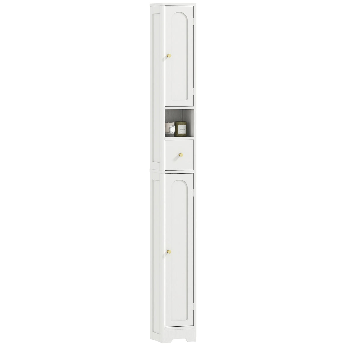 Slim Bathroom Cabinet 20cm Deep with 2 Cupboards Drawer Open Shelf Arched Doors Gold Knobs White