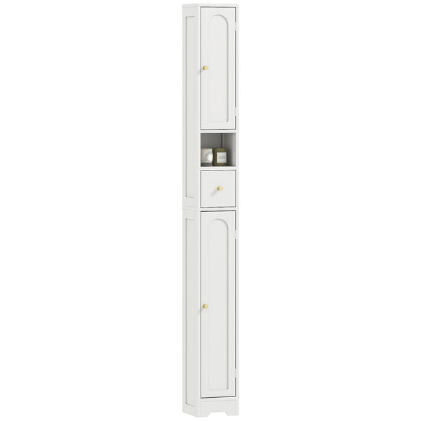 Slim Bathroom Cabinet 20cm Deep with 2 Cupboards Drawer Open Shelf Arched Doors Gold Knobs White