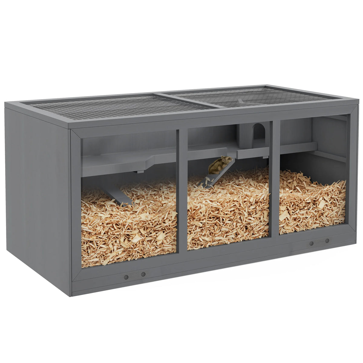 Wooden Two-Level Hamster Cage with Run and Pull-Out Tray, Grey
