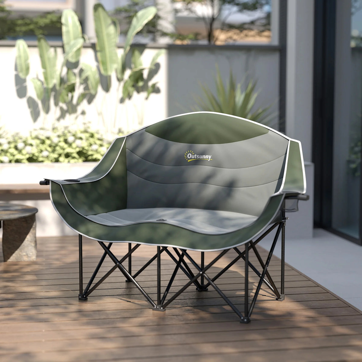 Folding Double Camping Chair with Armrests and Cup Holders, Green