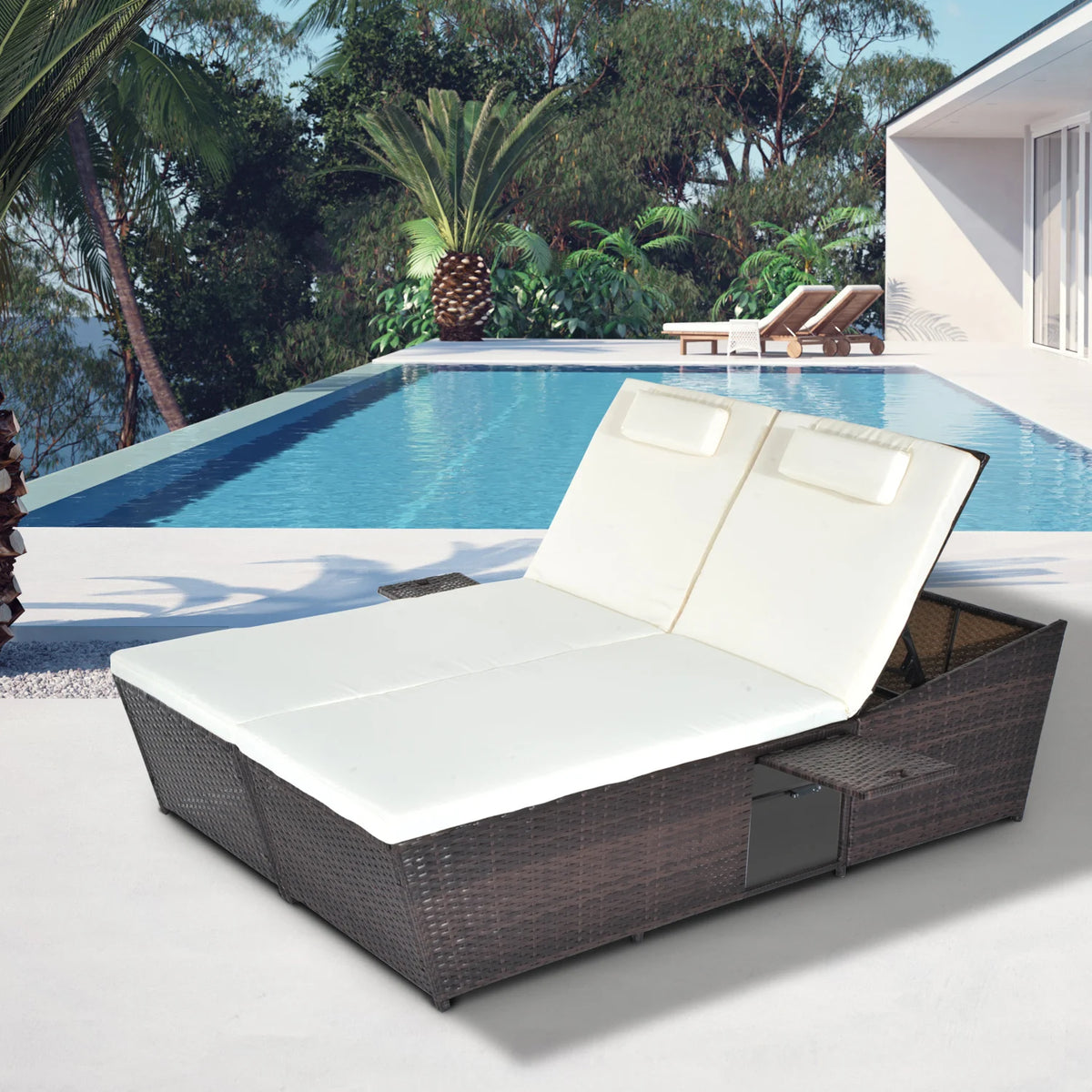 2 Seater Double Rattan Sun Lounger, Outdoor Recliner Day Bed, Wicker Weave Sofa with Fire Retardant Cushions