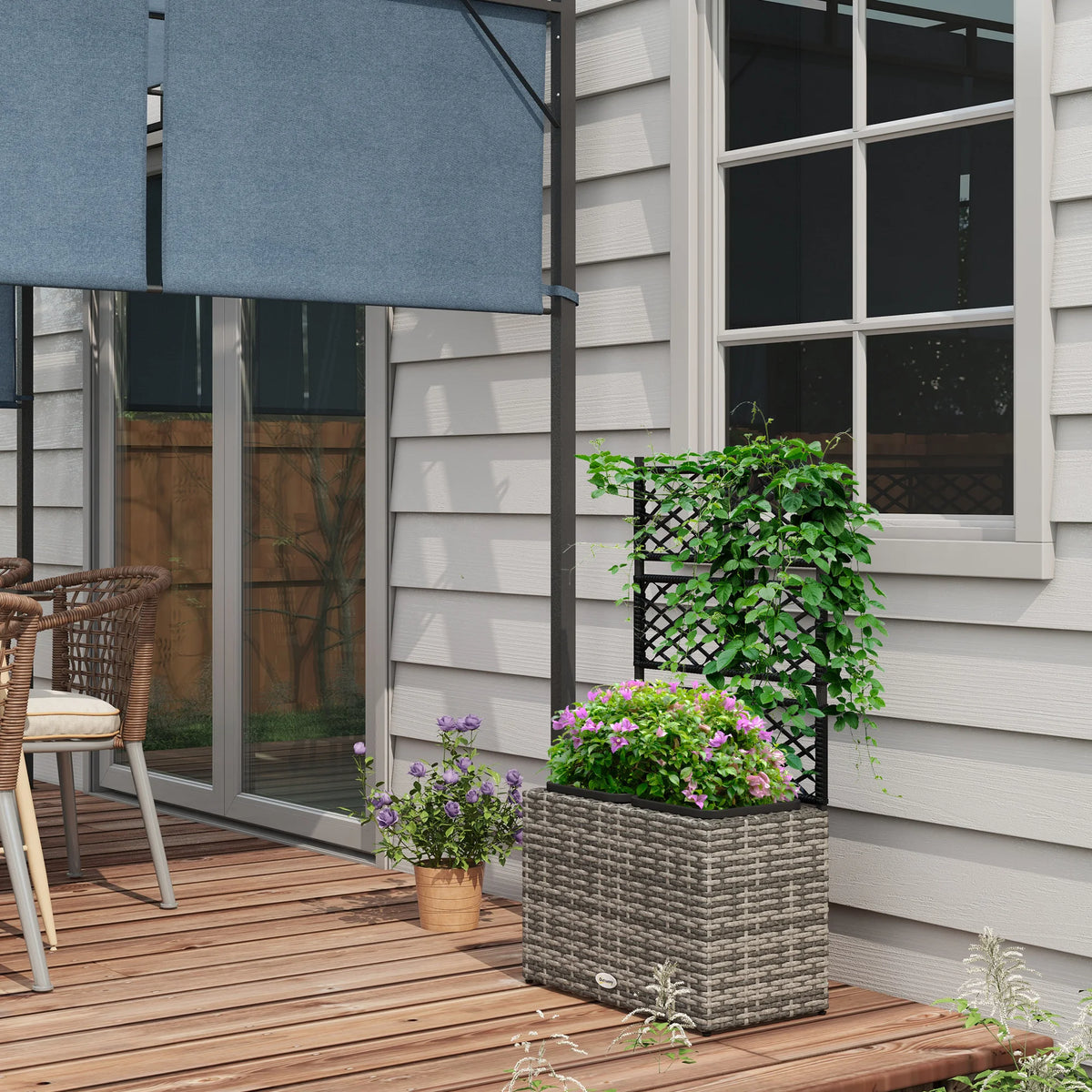 22L Garden PE Rattan Planter with Trellis, Free-Standing Flower Raised Bed with Two Plant Boxes