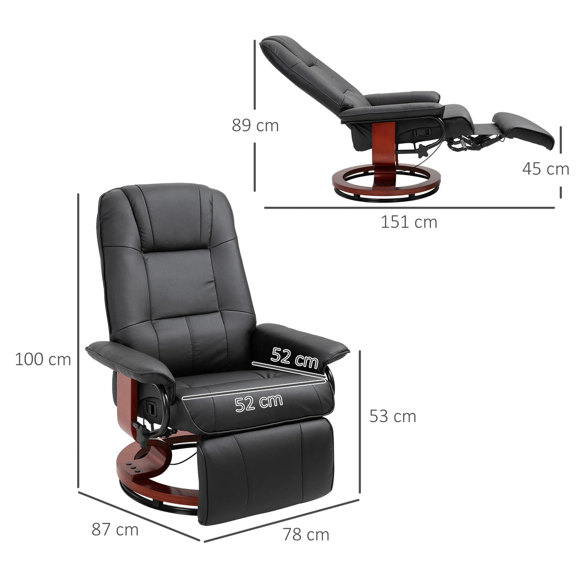 Swivel Recliner Armchair with Footrest and Wooden Base, PU Leather
