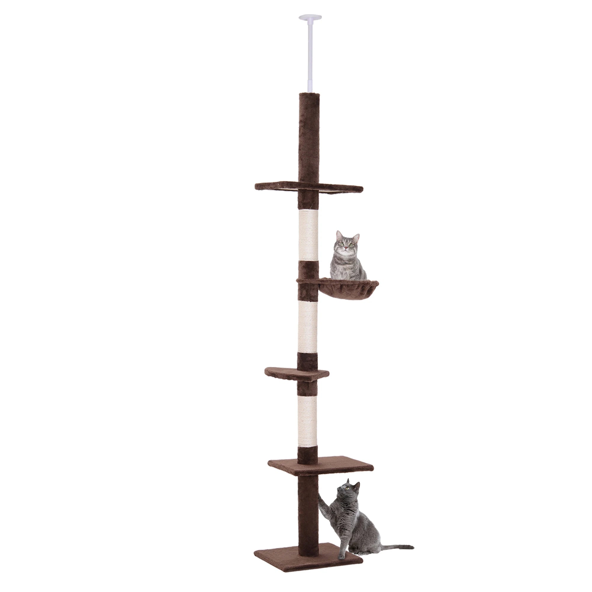 Floor to Ceiling Cat Tree 5 Tier 230-260cm Adjustable Height Scratching Post Plush Platforms for Indoor Cats Grey