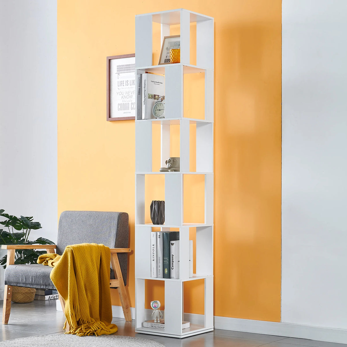 190cm Rotatable 6-Tier Slim Bookcase Corner Shelf | Freestanding Wooden Display Cabinet for Living Room Bedroom