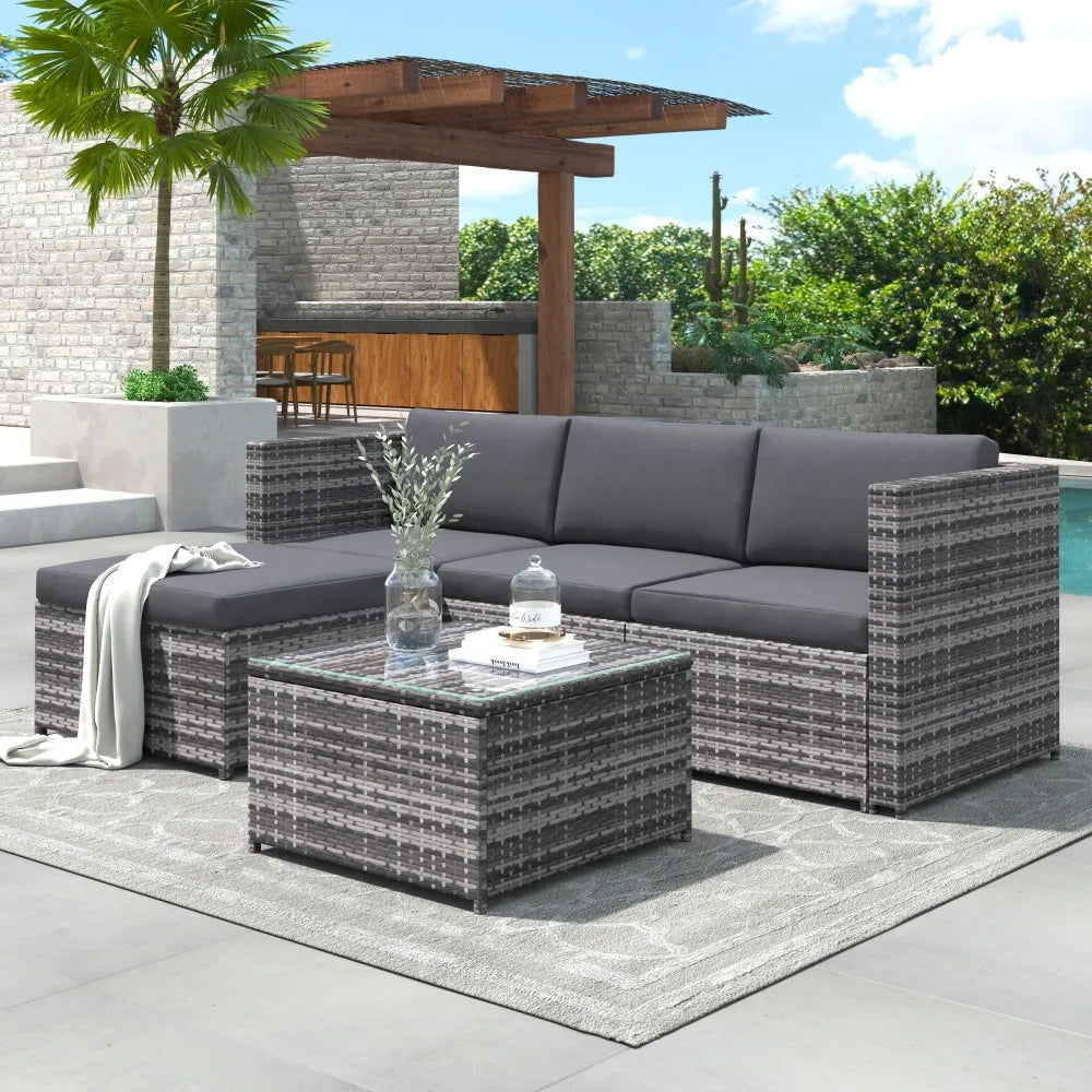 3-Piece Rattan Garden Corner Sofa Set with Glass-Top Coffee Table, Grey