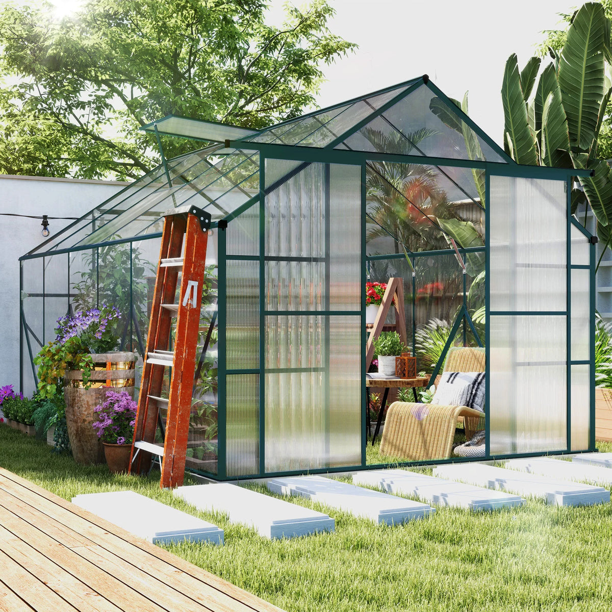 12ft x 8ft Walk-in Polycarbonate Greenhouse with Double Sliding Door