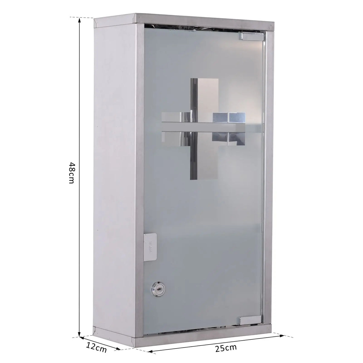 Lockable Medicine Cabinet 48x25x12cm Wall Mounted First Aid Box with Security Glass Door 2 Keys Silver
