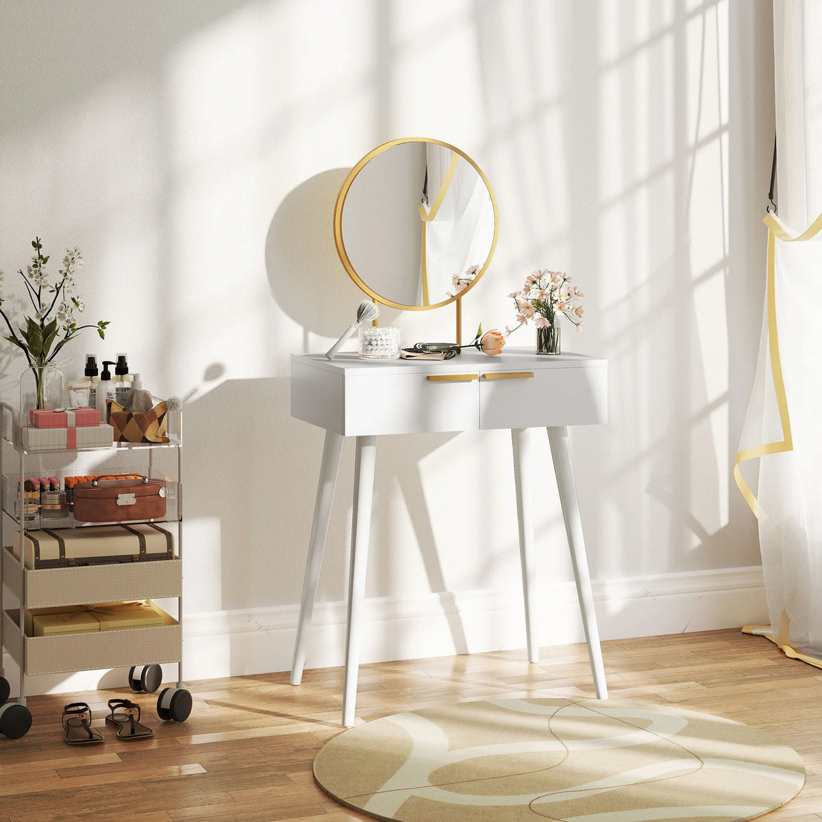 Modern Dressing Table with 2 Drawers and Round Mirror for Bedroom, White