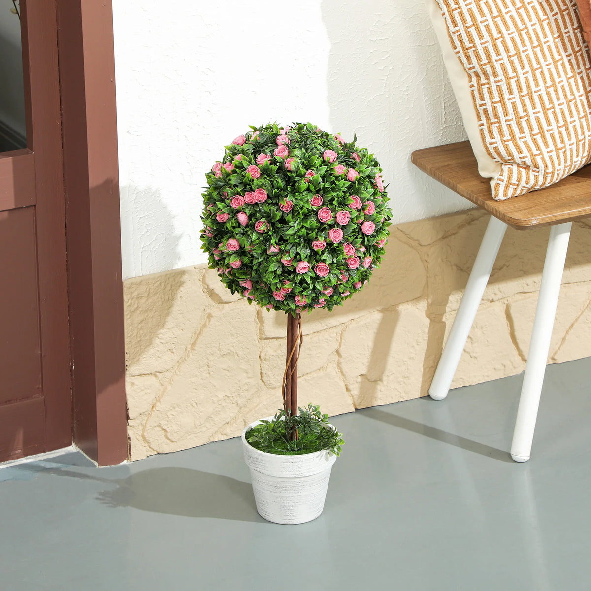 Set of 2 Artificial Ball Topiary Trees with Rose Flowers 60cm Potted UV Resistant Faux Plants Pink