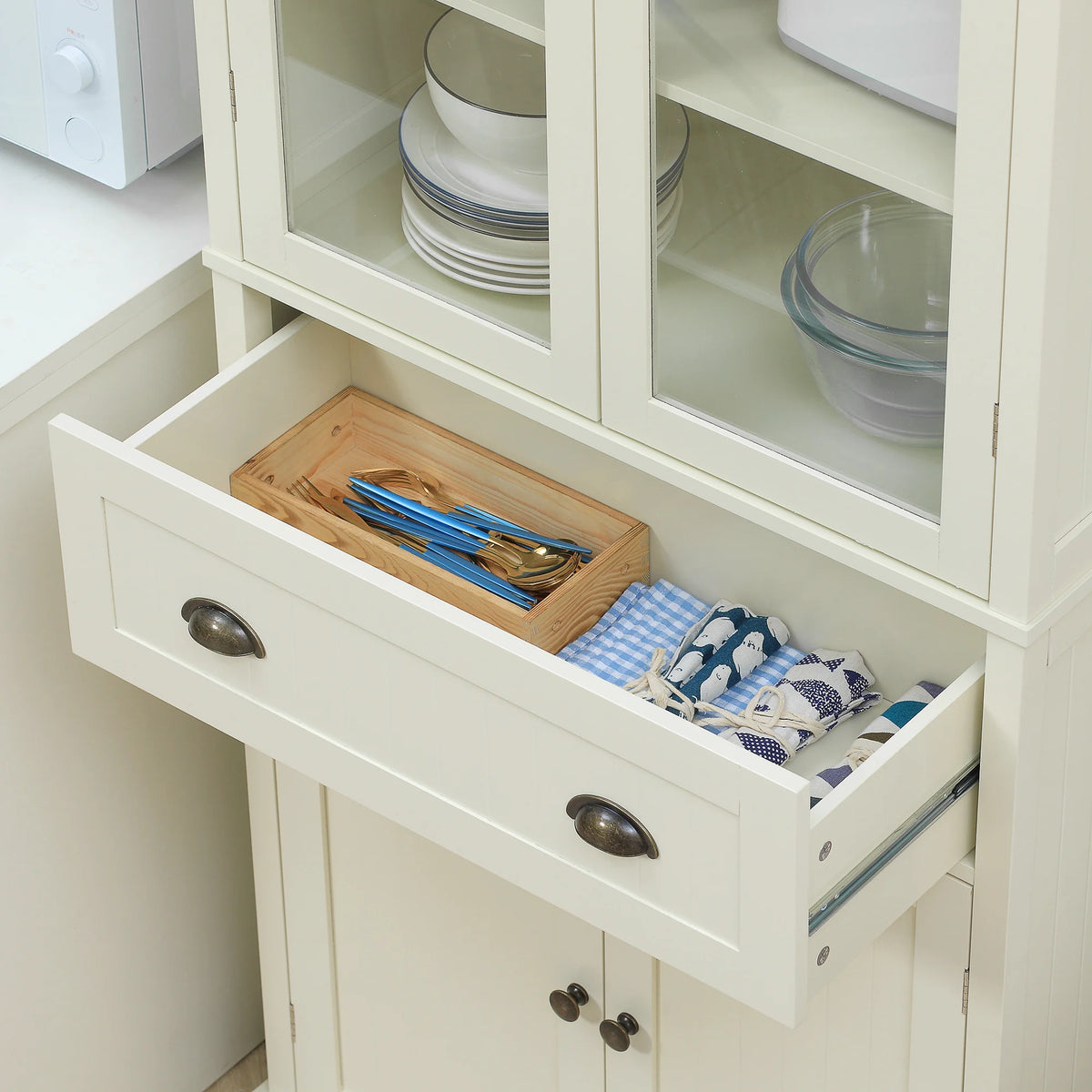 5 Tier Kitchen Cupboard with Glass Doors and Adjustable Shelves, 76 x 40 x 182.5 cm, Cream