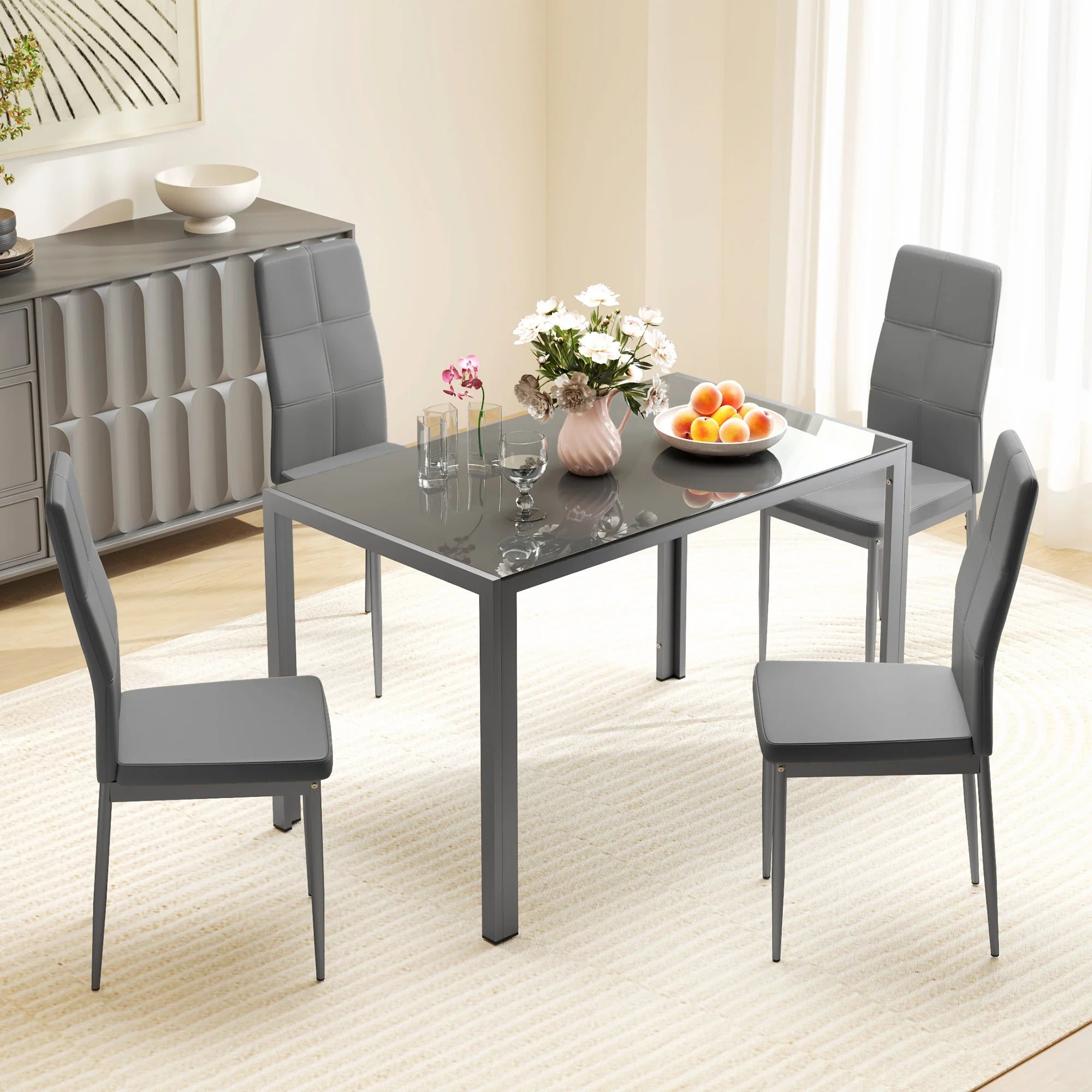 5-Piece Dining Table and Chair Set with Tempered Glass Top and Faux Leather Padded Chairs for 4