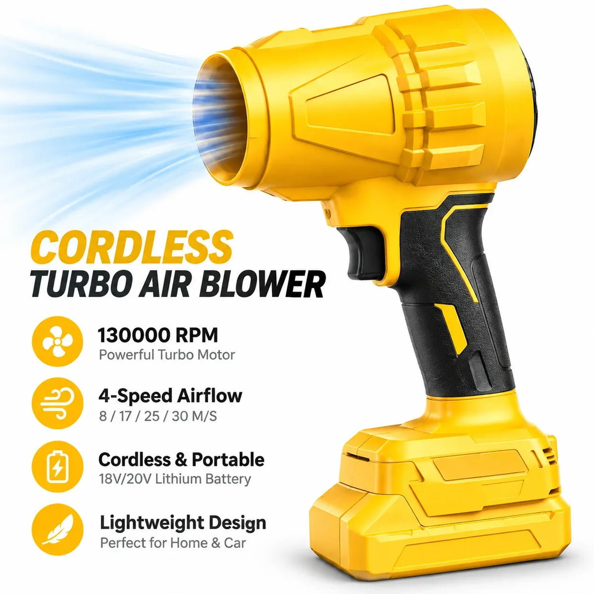 Cordless Air Blower for 18V-21V Batteries, 4 Speeds, 3 Nozzles