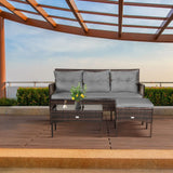 4 Seater Rattan Garden Sofa Set 3 Seat Sofa Ottoman Glass Coffee Table Grey Cushions UV Resistant Outdoor Patio