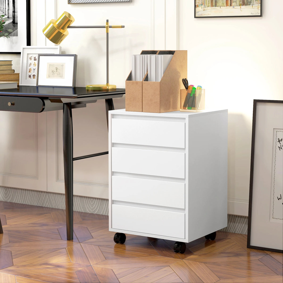 Mobile Vertical Filing Cabinet with 4 Drawers for Home Office, White