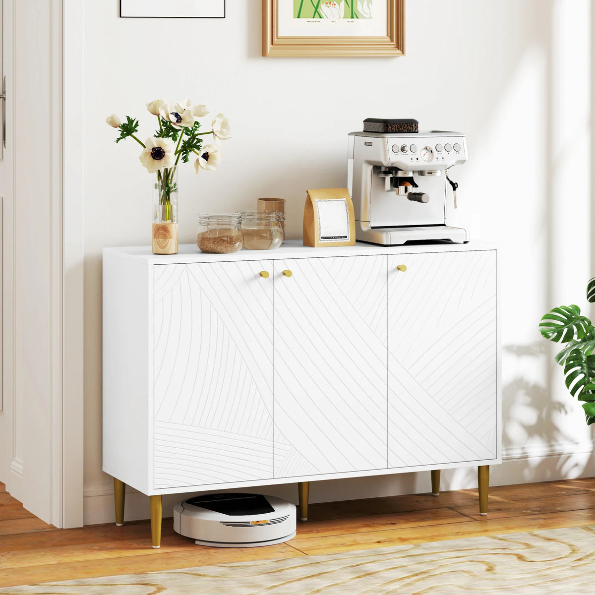 Sideboard Cabinet with 3 Carved Line Doors 2 Cupboards 3 Level Adjustable Shelves 5 Legs Melamine White