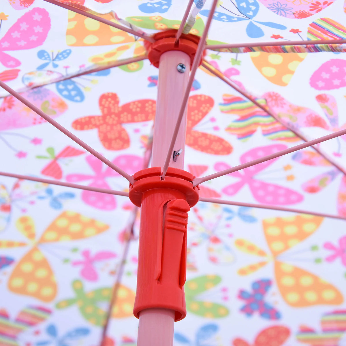 Kids Folding Picnic Table and Chair Set with Parasol Butterfly Pattern 2 Deck Chairs Metal Frame