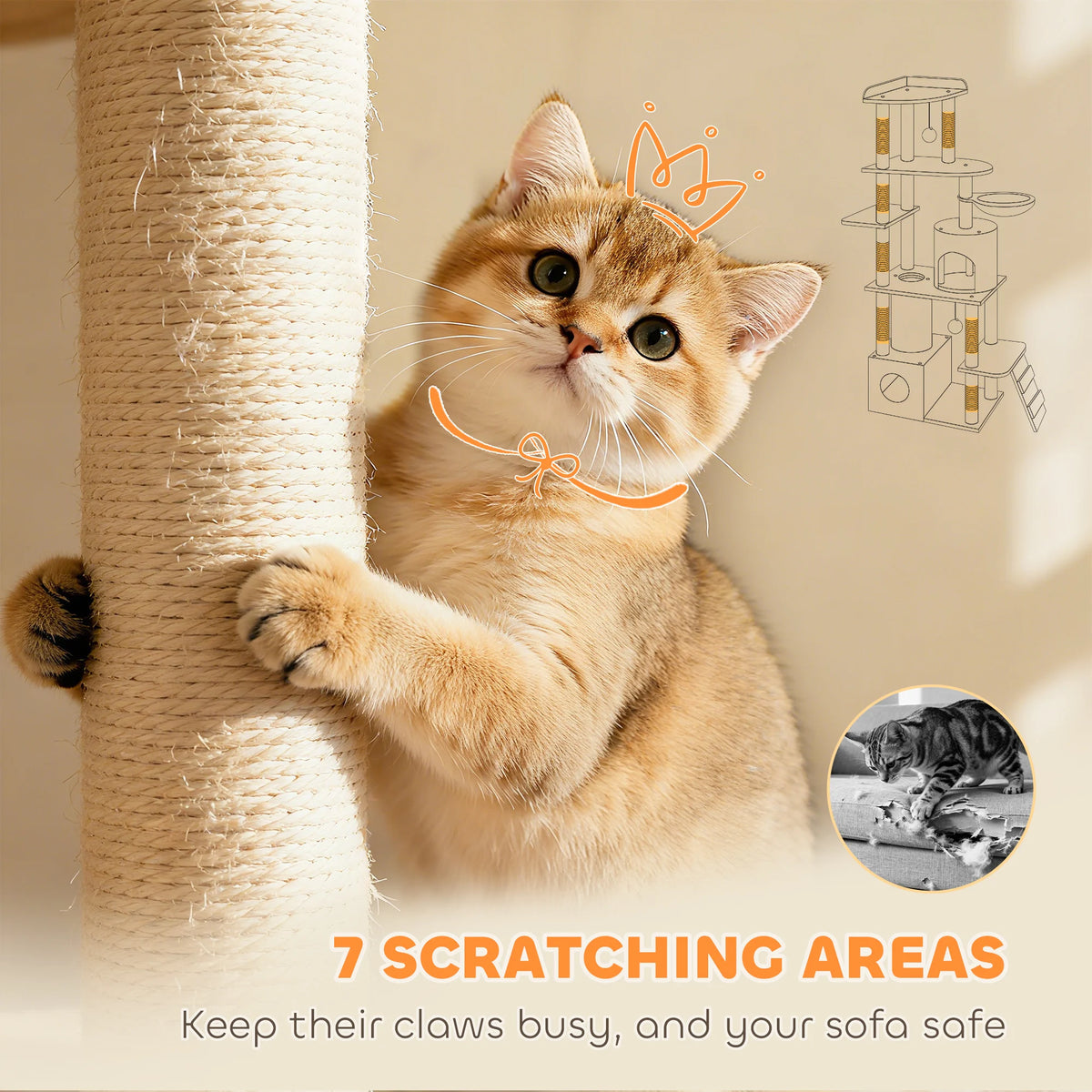 PawHut 170cm Large Cat Tree Tower 7 Scratching Posts Condos Hammock Tunnel Light Grey