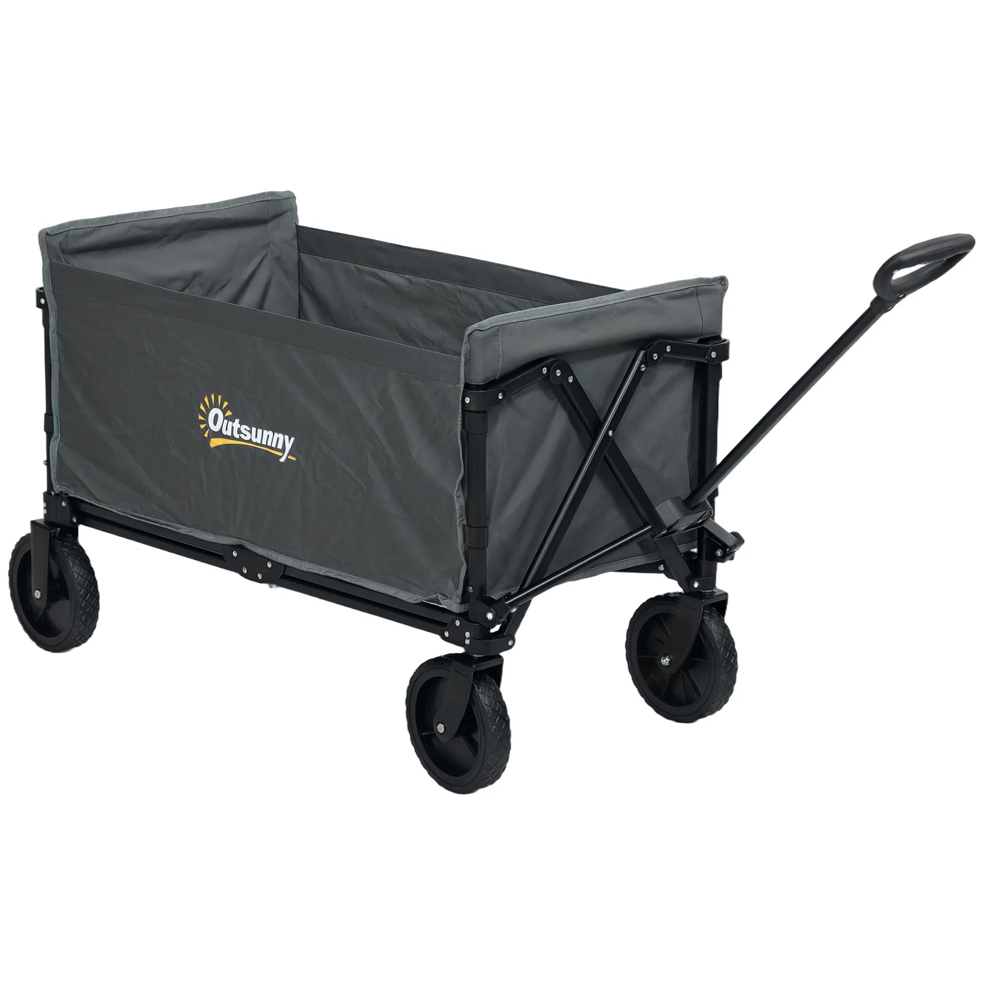 120L Folding Garden Trolley Wagon Cart 120kg Adjustable Handle 4 Wheels Oxford Fabric for Camping Beach Black