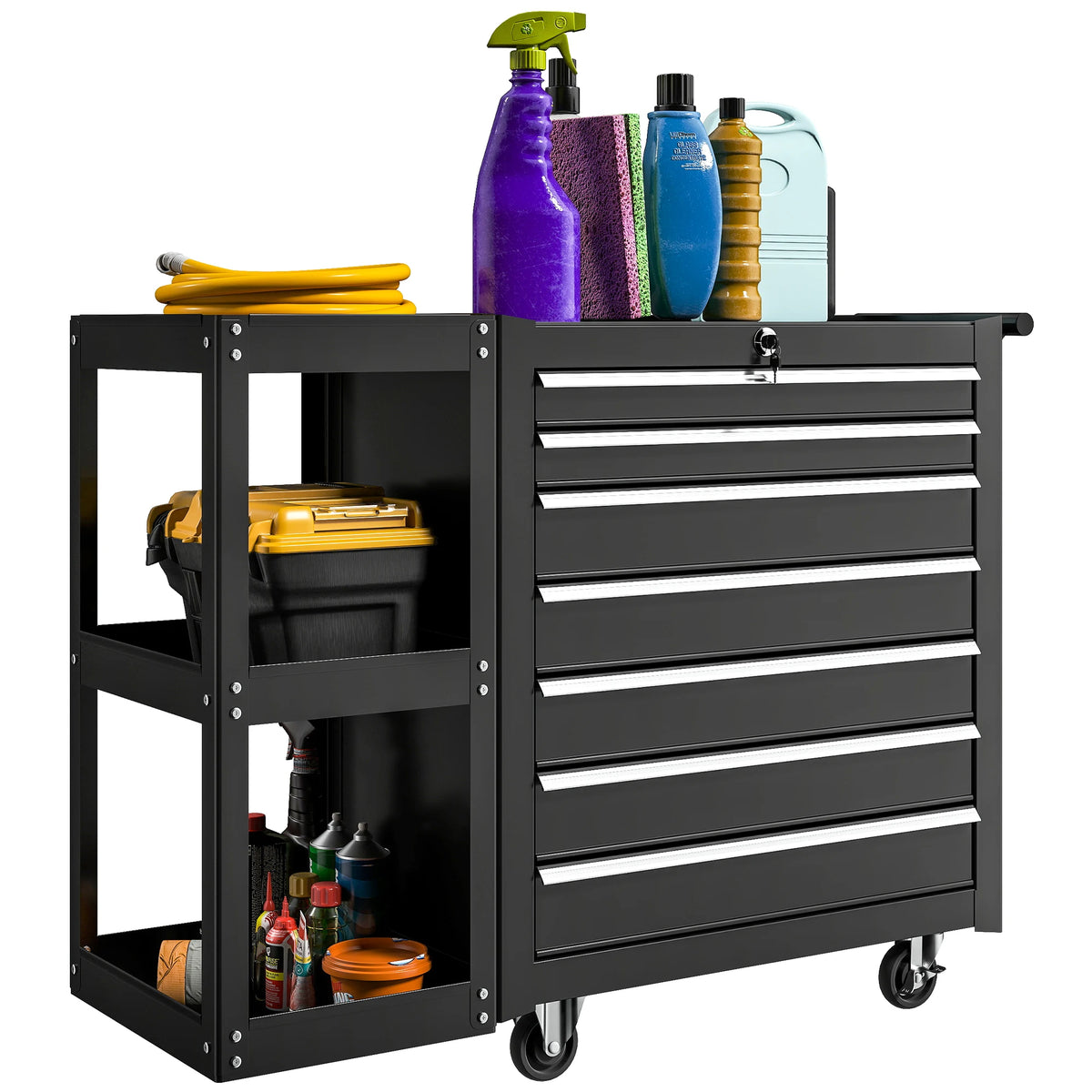 7-Drawer Lockable Steel Tool Chest on Wheels with Side Shelf, Black
