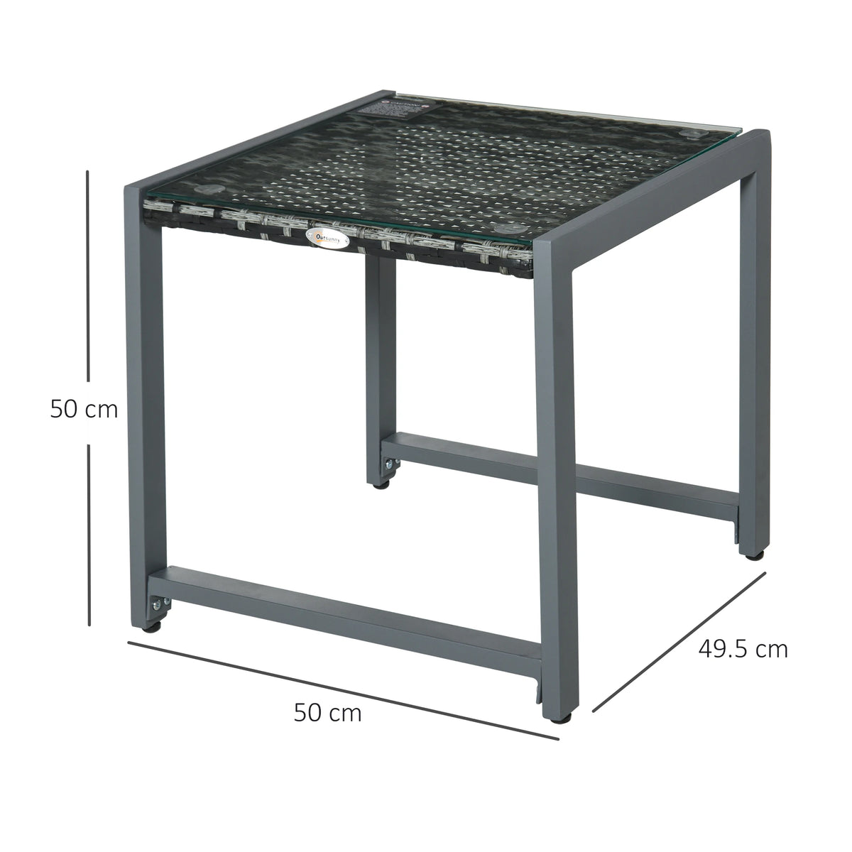 Rattan Side Table 50cm PE Wicker Garden End Table with Tempered Glass Top Aluminium Frame Adjustable Feet Grey