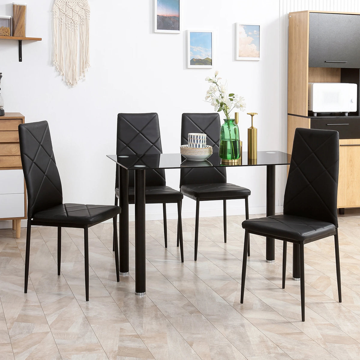 Dining Table Set for 4 with Glass Top and Padded Chairs, 120 x 60 x 75 cm, Black