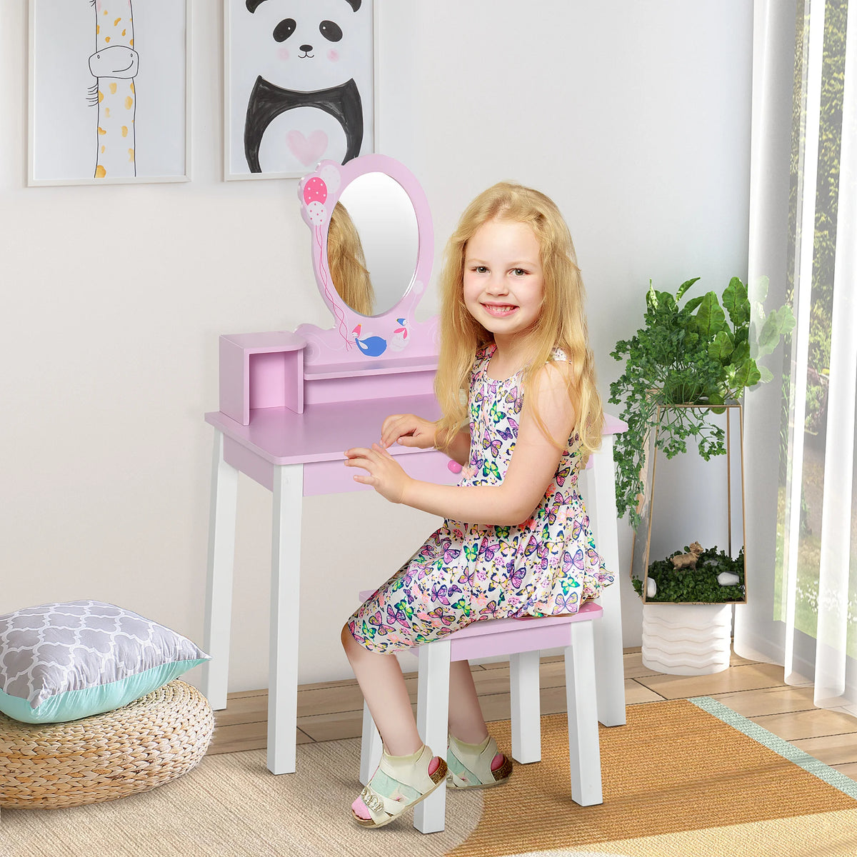 Kids Wooden Dressing Table and Stool with Mirror Pine Wood and MDF Toddler Vanity Set Pink and White