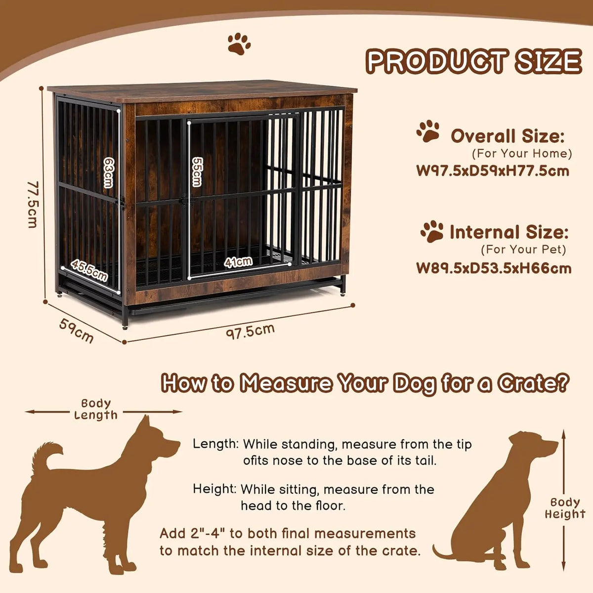 Wooden Dog Crate Furniture Elevated Lattice End Table 97.5x59x77.5cm 2 Doors Removable Tray Large Dogs