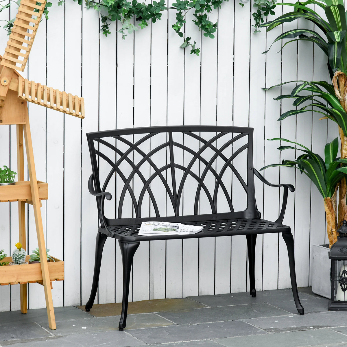 2-Seater Cast Aluminium Garden Bench with Curved Armrests, Black