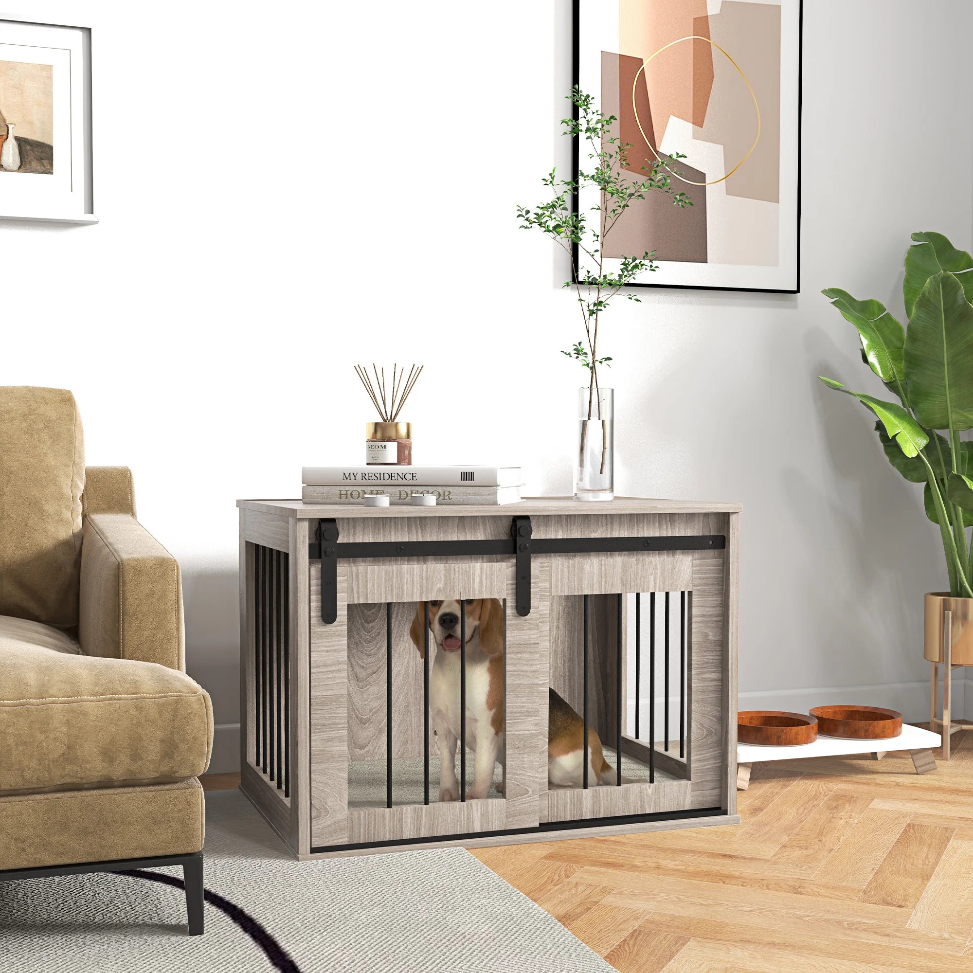 Dog Crate Furniture with Removable Cushion Barn Door Side Table Design for Dogs up to 20kg Indoor Pet Kennel